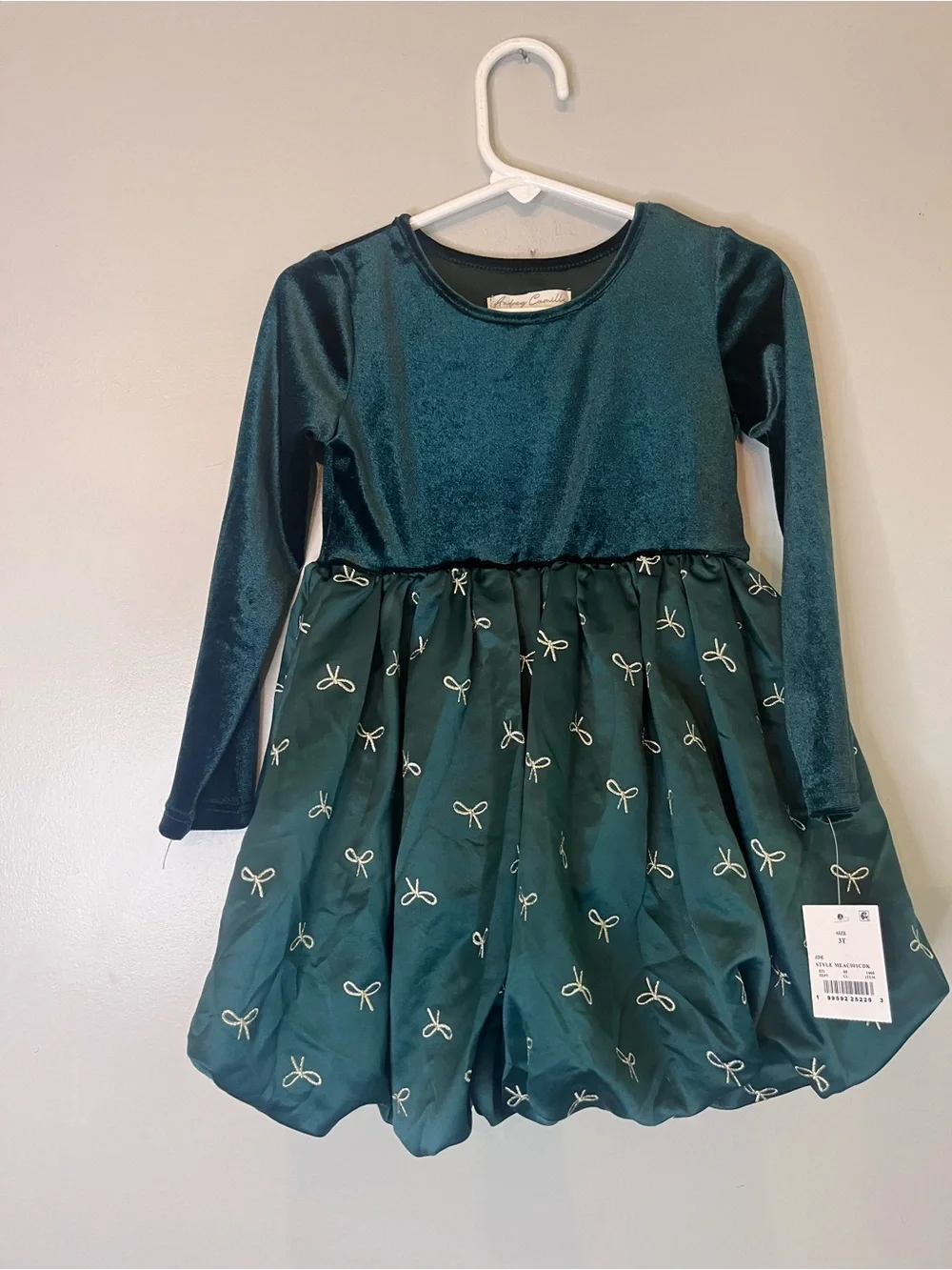 Girls Dark Green Velvet & Satin Holiday Dress with Gold Bow Accents